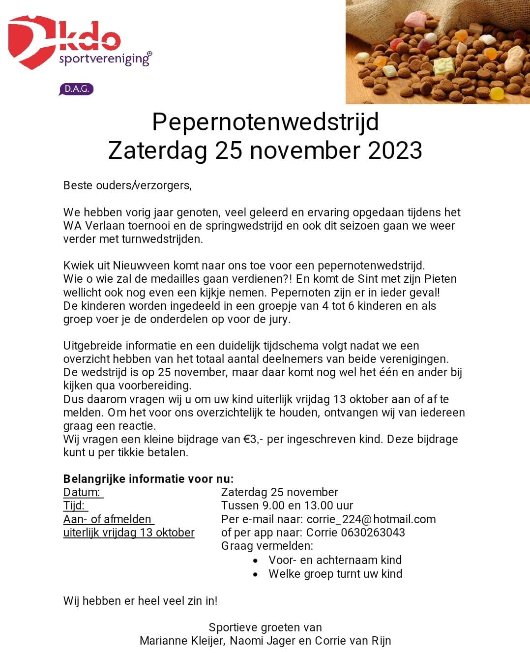 Pepernotenwedstrijd zaterdag 25 november 